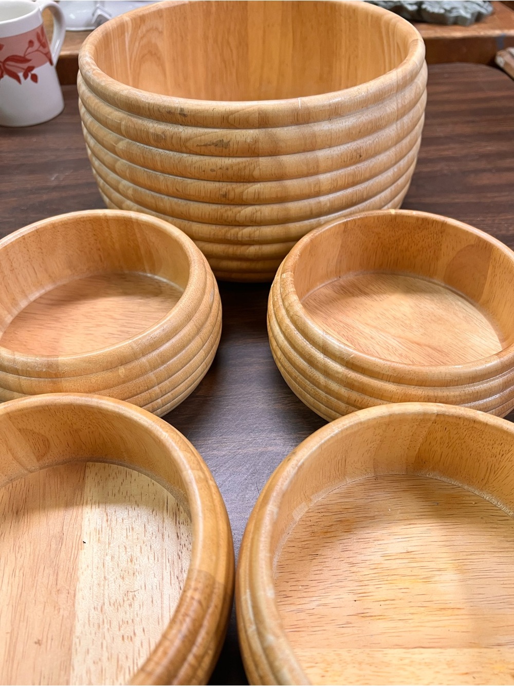 Vintage Mid-Century Modern Ribbed Wood Salad Bowl Set - Beehive Style